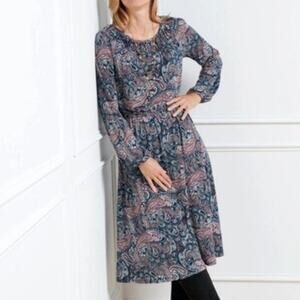 Talbots NWT Paisley Jersey Smocked Fit & Flare Midi Dress Blue Pink XL